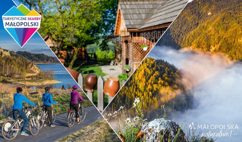 kolaż trzech zdjęć: rowerzyści nad jeziorem Czorsztyńskim, drewniany domek na wsi, widok z Sokolicy na przełom Dunajca