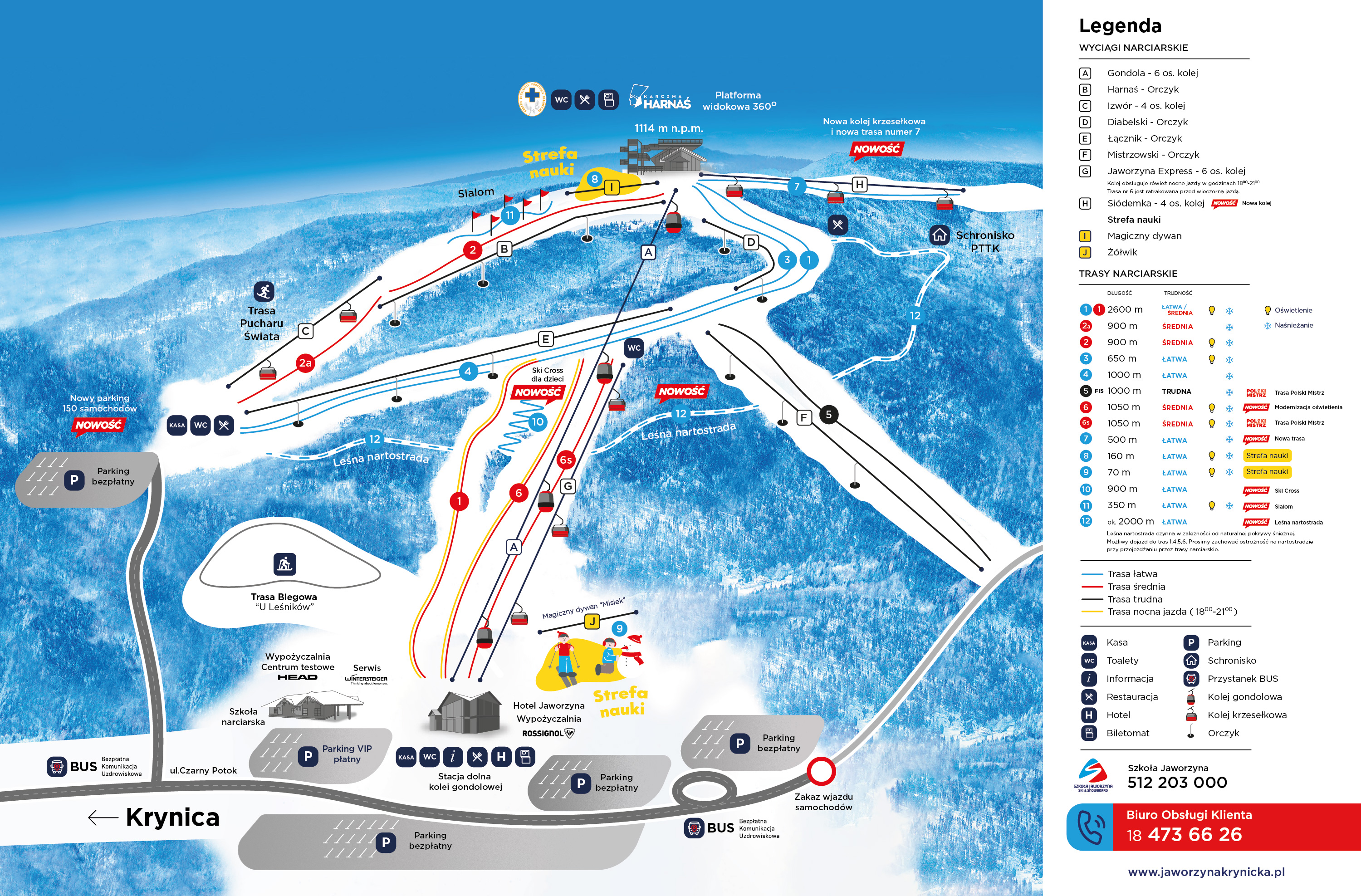 Mapa z trasami narciarskimi i wyciągami na Jaworzynie Krynickiej w sezonie 2023/2024.