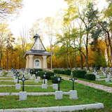 Mogiły z I Wojny Światowej ustawione w rzędach, na środku kaplica, cmentarz otoczony lasem