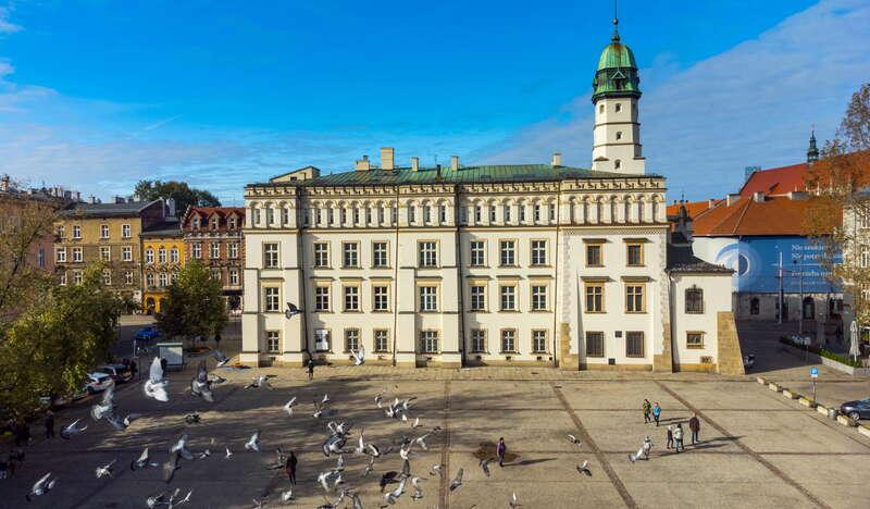 3-piętrowy budynek Muzeum Etnograficznego w Krakowie. Przed nim pusty plac, nad którym latają gołębie. W oddali widać inne kamienice.