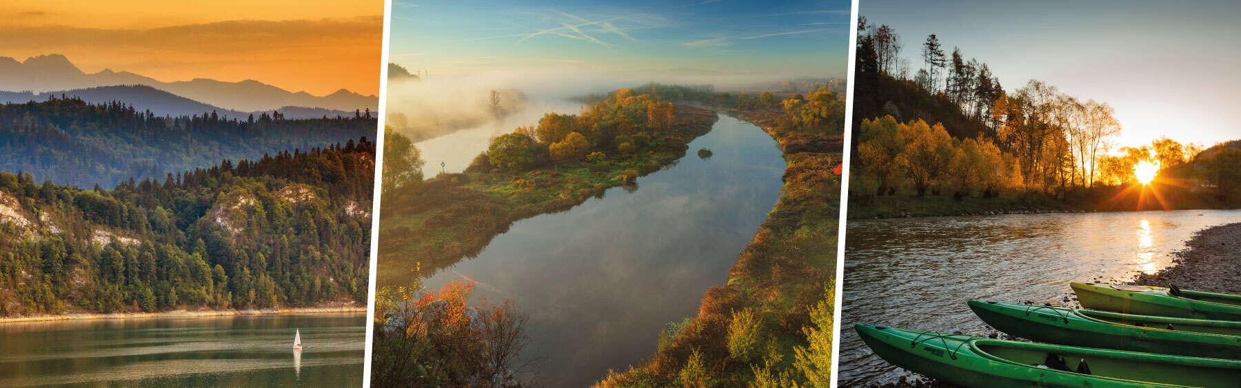 Kolaż zdjęć małopolskich rzek.