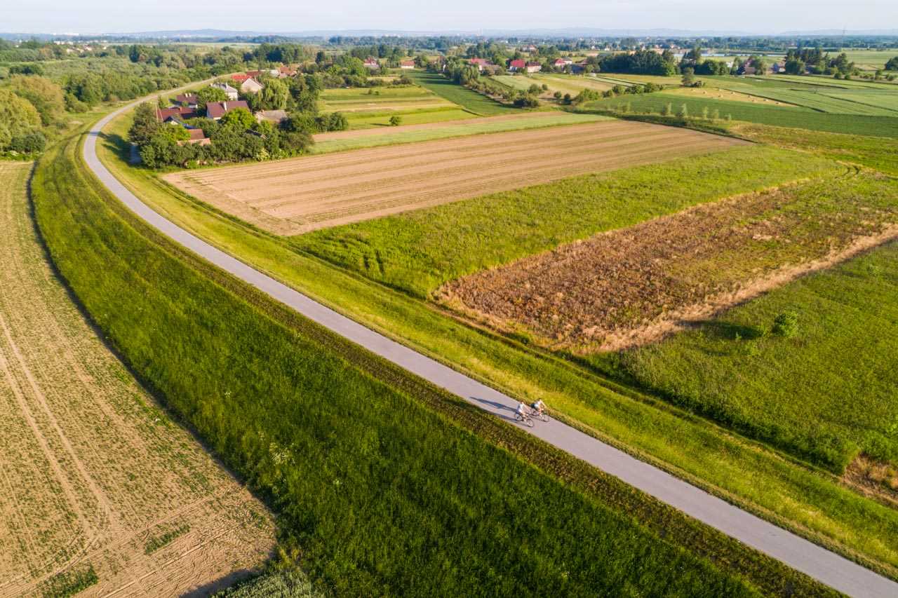 asfaltowa ściezka rowerowa zbudowana na wałach przeciwpowodziowych. Wokoło roztaczają się pola uprawne